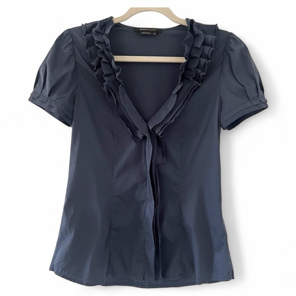 Women's BCBGMaxAzaria‎ Gray Blue Cotton Ruffle Short Sleeve Blouse Office XS